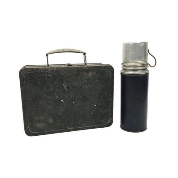 Thermos Metal Lunch Box Vintage Vacuum Bottle Cork Stopper Handle Cup USA Made - Picture 1 of 16